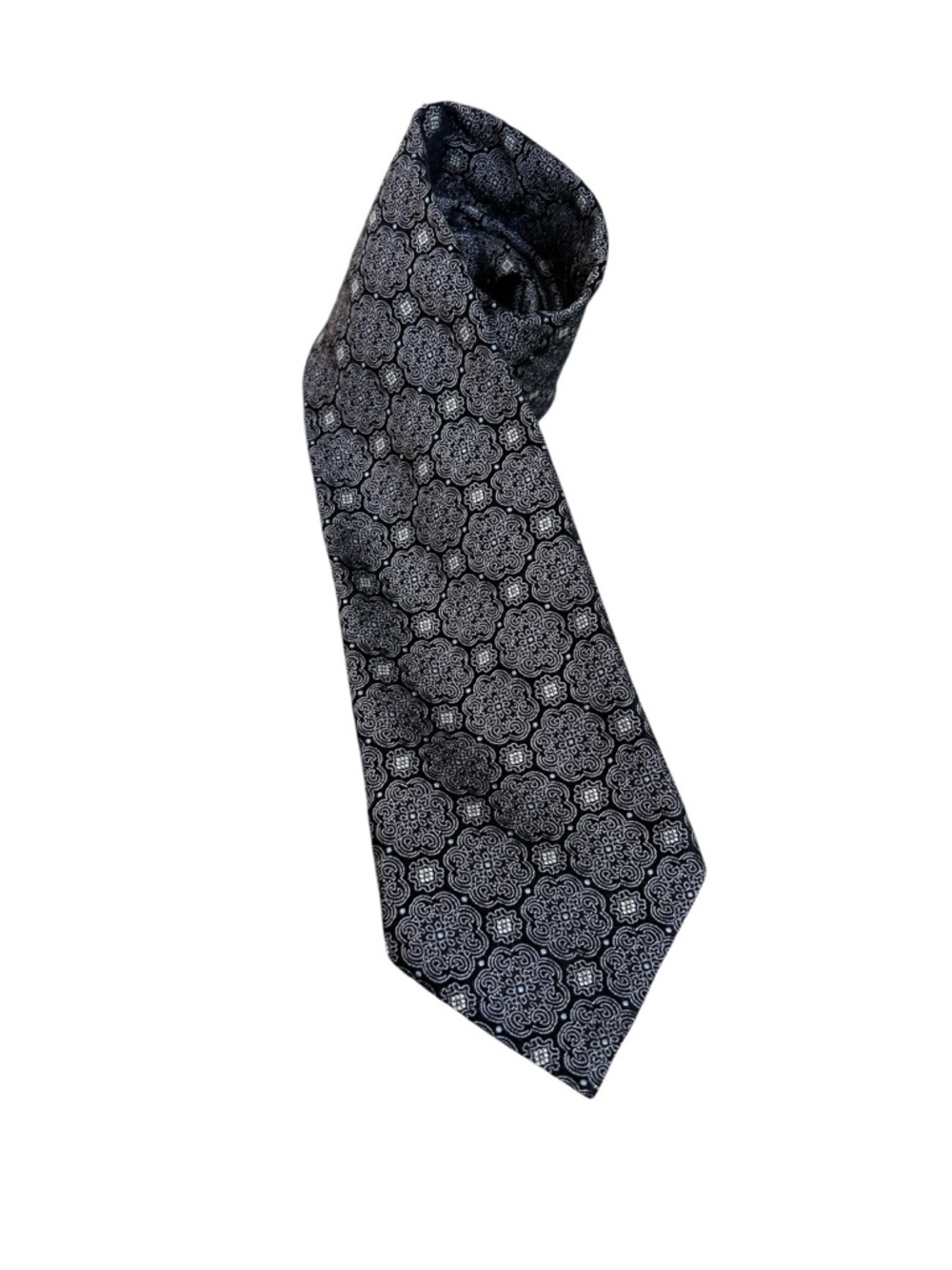 Canali Silk Tie Black Gray Blue Medallion Geometric Pattern Luxury Italian Made